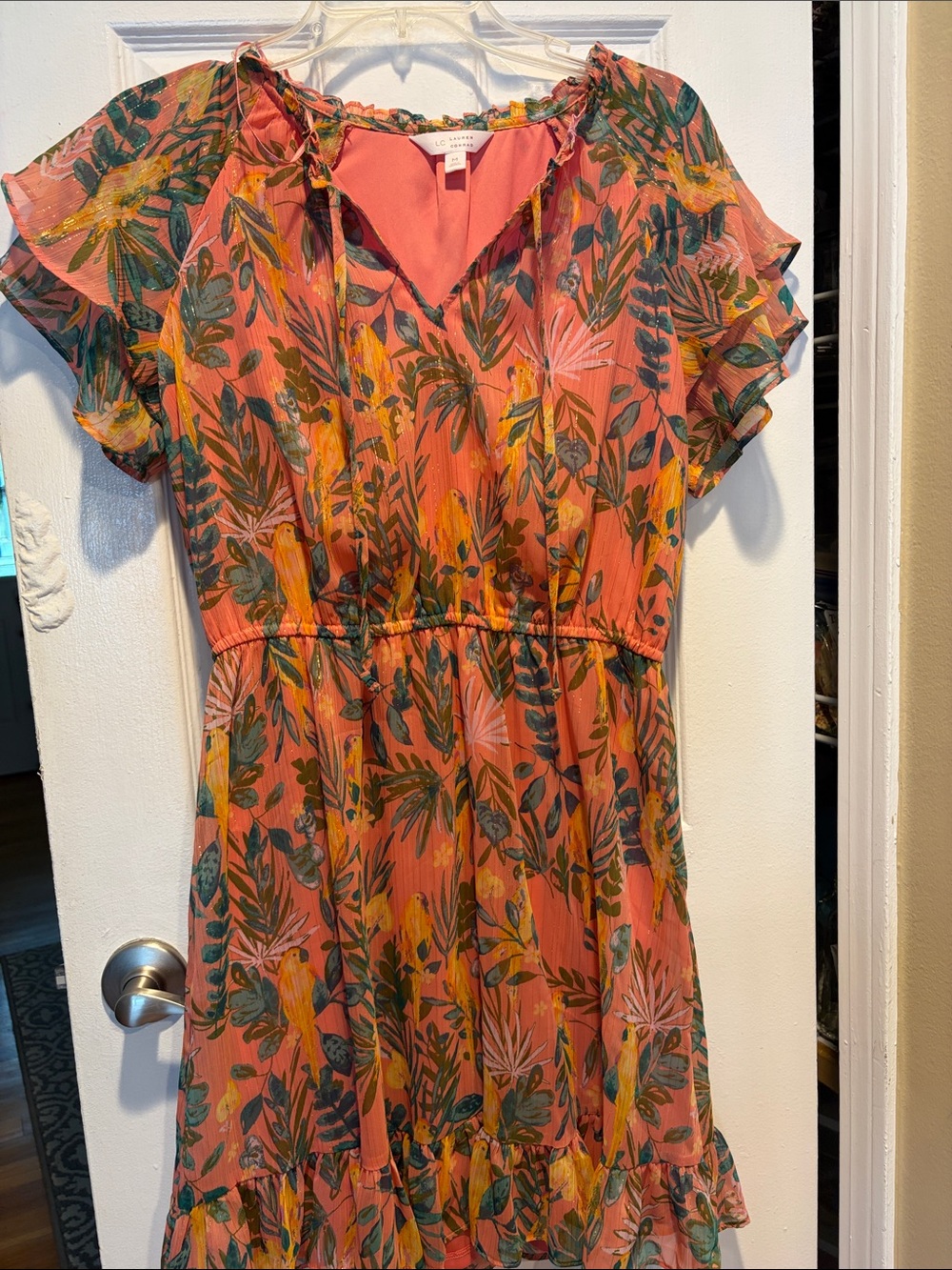 LC Lauren Tropical Conrad Coral Dress with Multicolor Accent. Ruffle sleeve